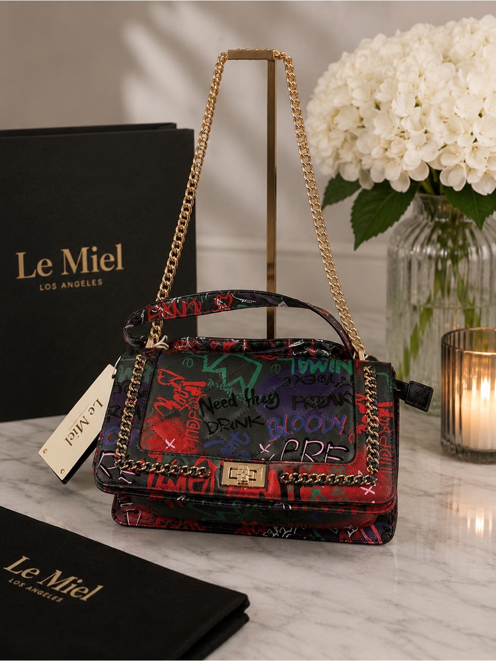 Le Miel Vegan Leather Quilted Graffiti Shoulder Bag NWT Black Red Gold Multi